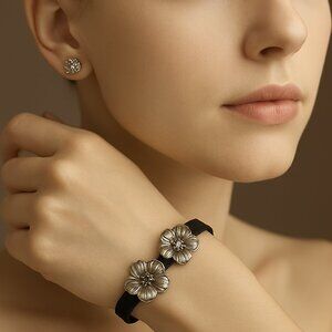Black Leather Silver tone Sparkle Flower Bracelet & Earrings Set Women's Jewelry